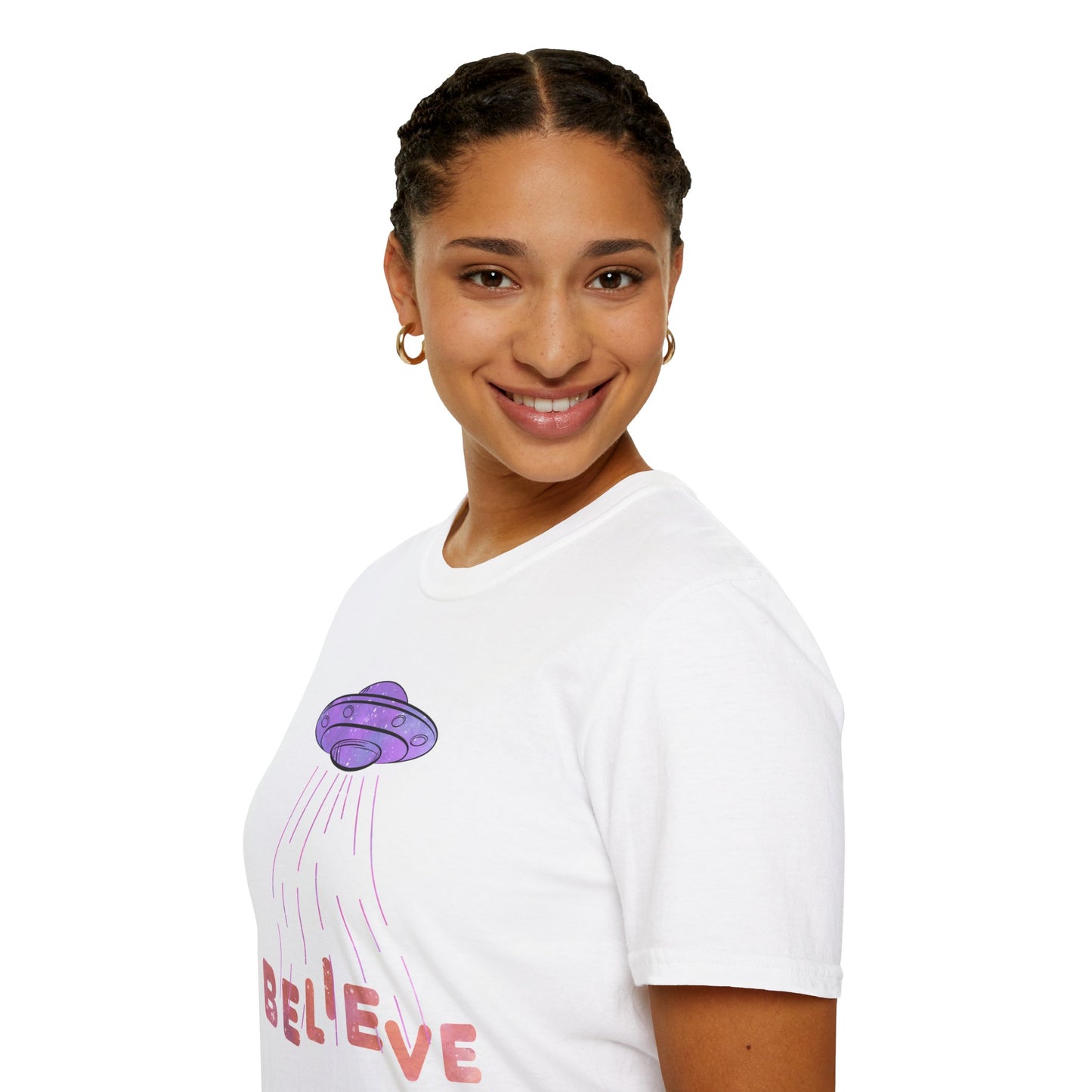 UFO Shirt - Believe - White & Purple Pink Design - Cotton Unisex Jersey Short Sleeve Tee - Womens & Mens T-Shirt