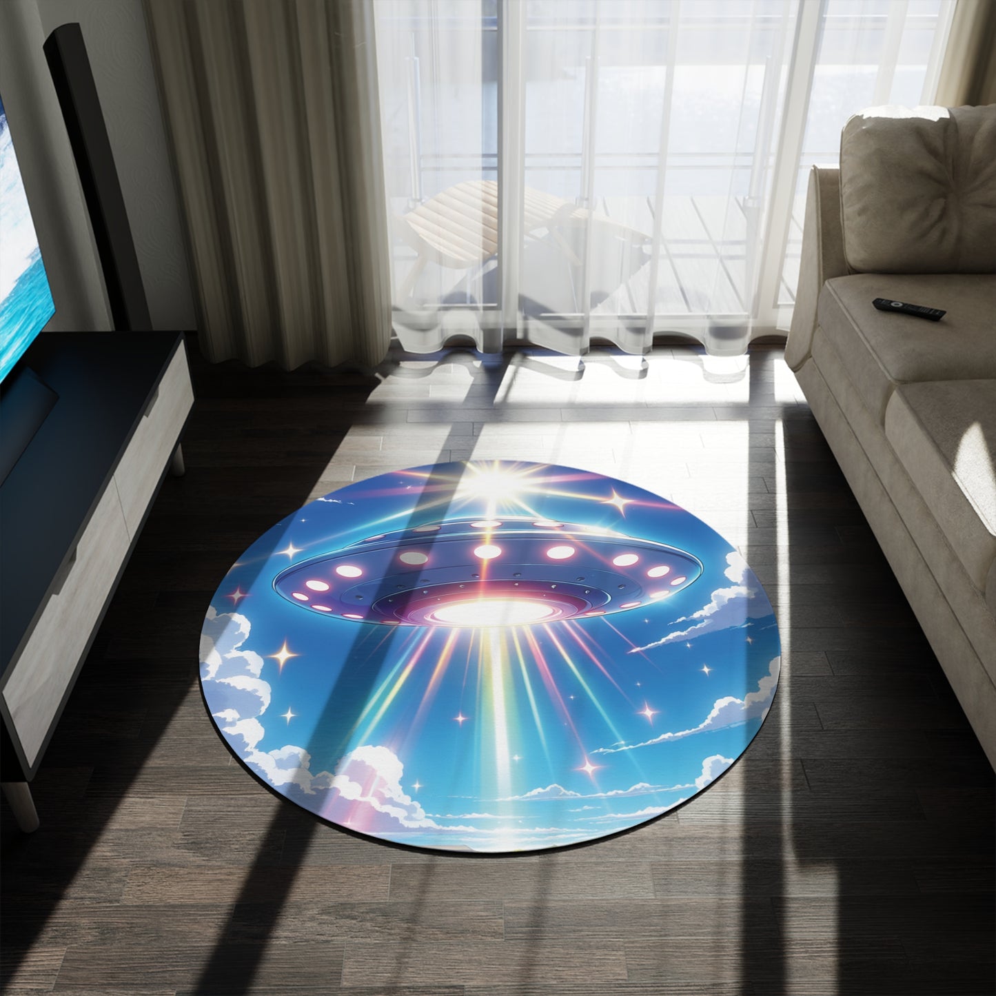 UFO Round Rug, Circle Rug, Circular Rug, Colorful Kids Rug, Modern Rugs, Fun Blue Rug, UFO Cosmic Rug for Childrens Bedroom Playroom Lounge