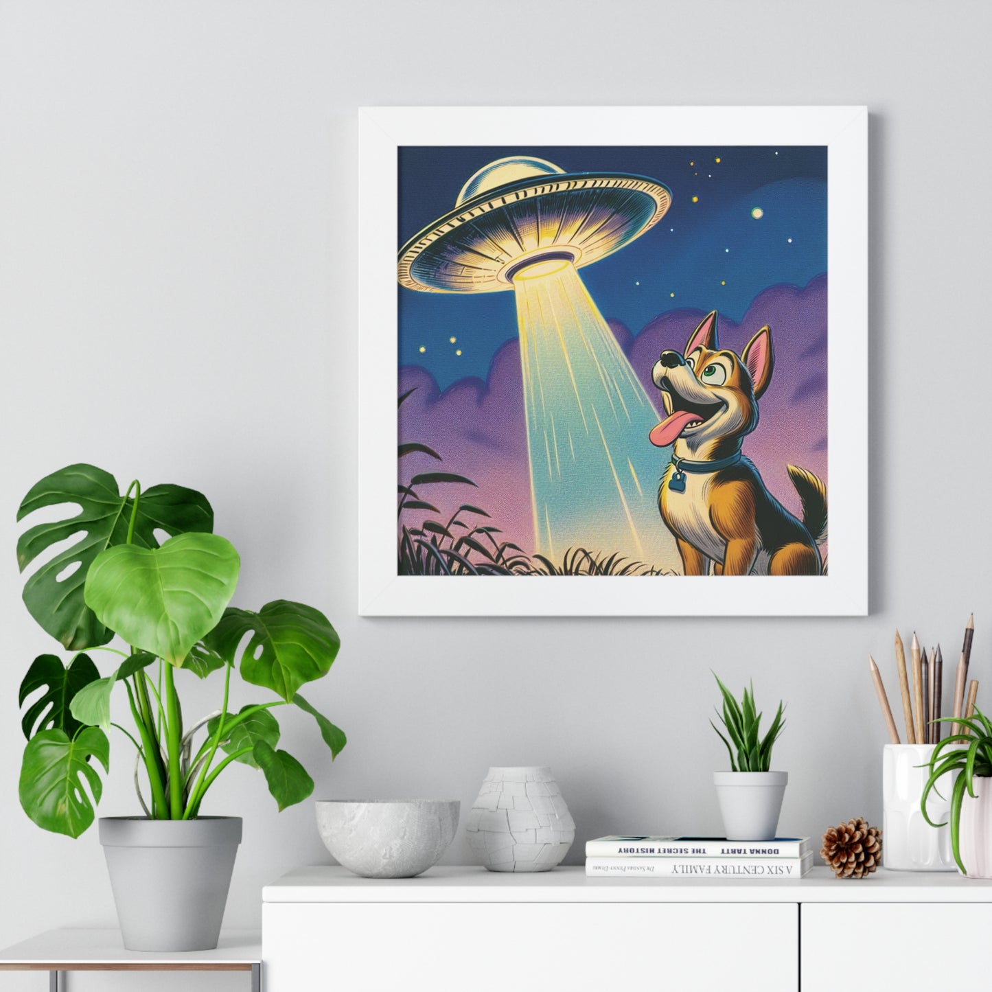 UFO Wall Art, Dog UFO Gift  UFO Poster, Flying Saucer, Spaceship, Gift For Men, Gift for Husband, Gift for Boyfriend, Framed Vertical Poster