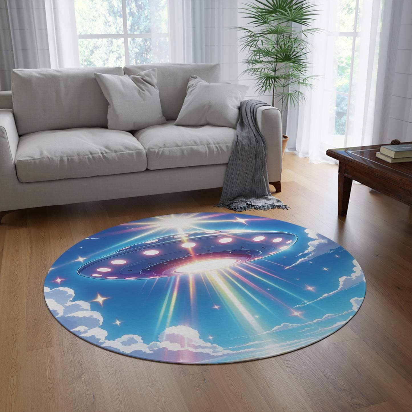 UFO Round Rug, Circle Rug, Circular Rug, Colorful Kids Rug, Modern Rugs, Fun Blue Rug, UFO Cosmic Rug for Childrens Bedroom Playroom Lounge