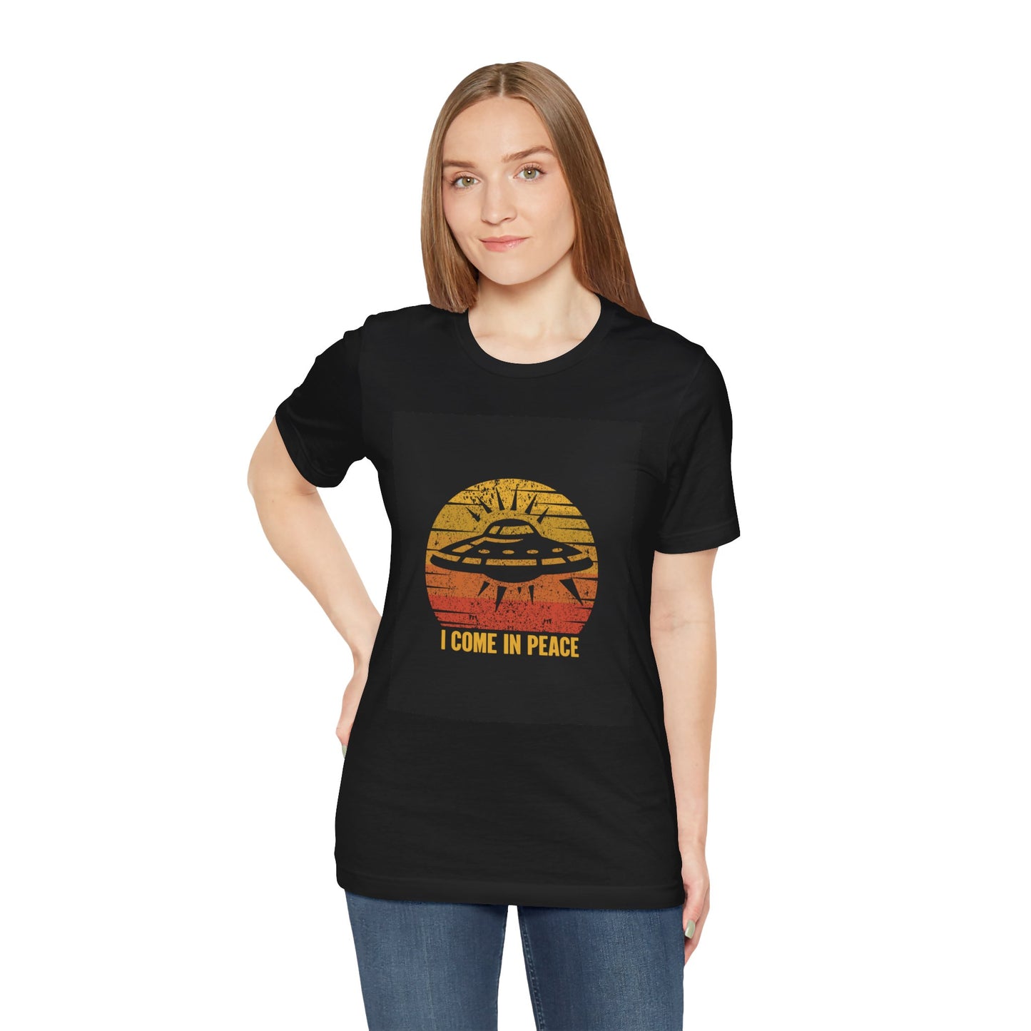 UFO Tshirt, Black Tee, Come In Peace T-Shirt, Unisex Jersey Short Sleeve Tee, Mom Gift, UFO Gift, Dad Gift, Mens Tshirt, Womens Tshirt, Tshirt Gift, Cosmic Tshirt, Aliens