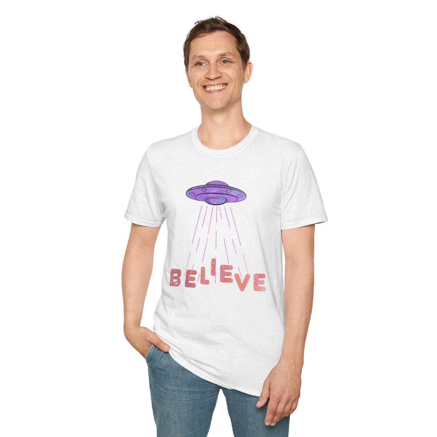 UFO Shirt - Believe - White & Purple Pink Design - Cotton Unisex Jersey Short Sleeve Tee - Womens & Mens T-Shirt