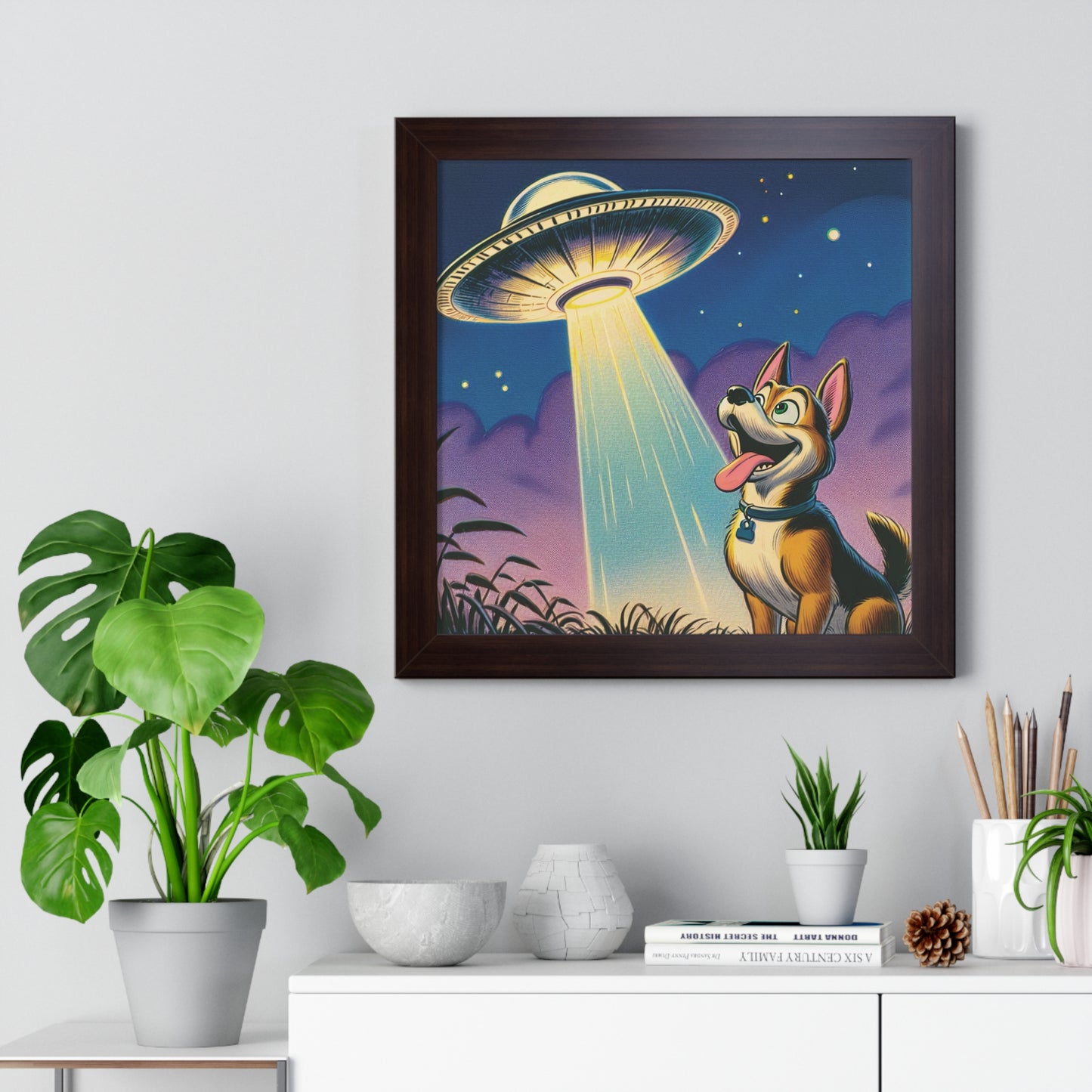 UFO Wall Art, Dog UFO Gift  UFO Poster, Flying Saucer, Spaceship, Gift For Men, Gift for Husband, Gift for Boyfriend, Framed Vertical Poster