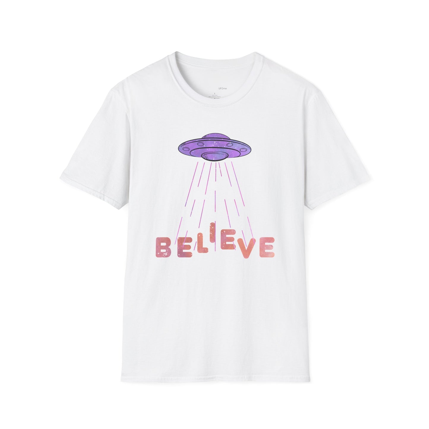 UFO Shirt - Believe - White & Purple Pink Design - Cotton Unisex Jersey Short Sleeve Tee - Womens & Mens T-Shirt