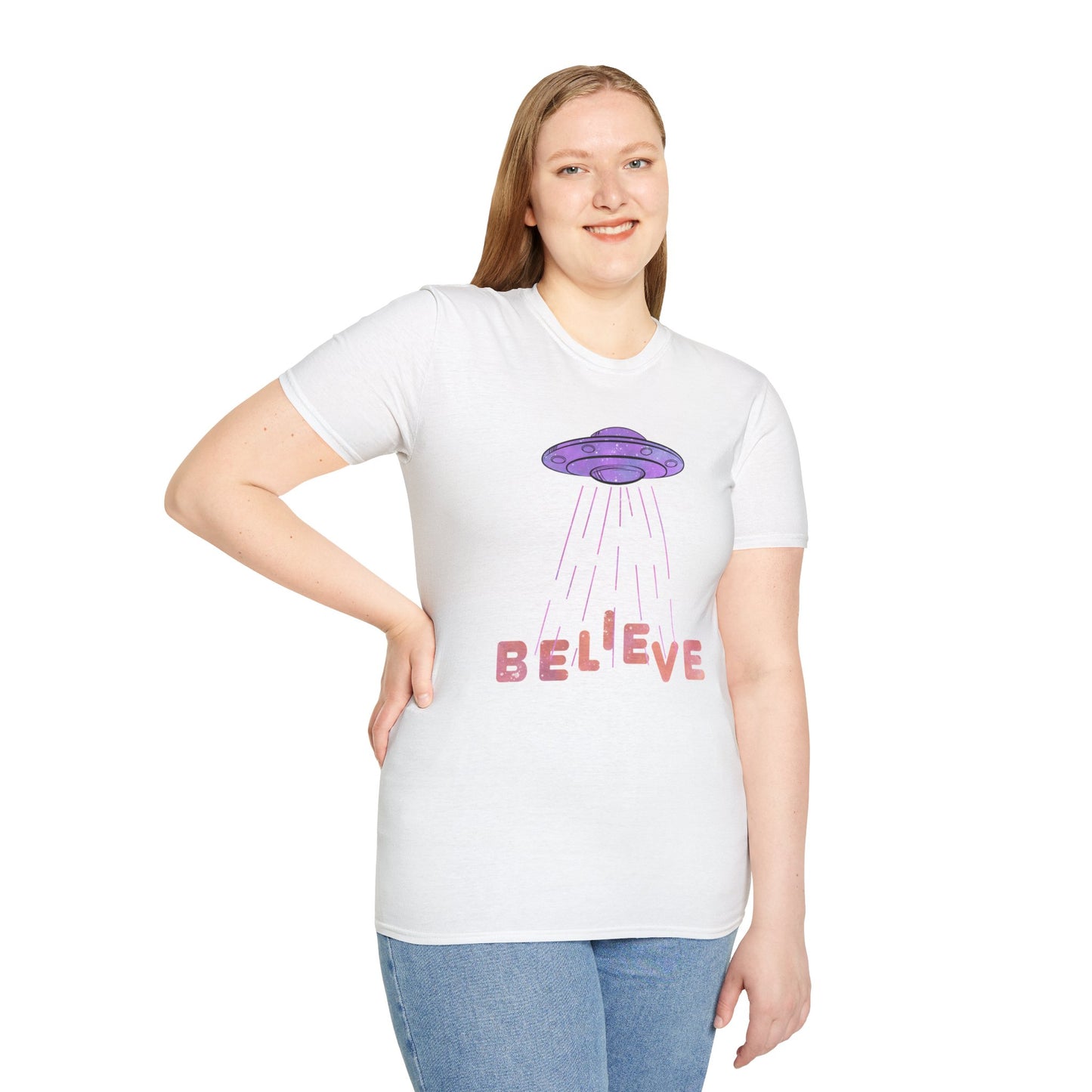 UFO Shirt - Believe - White & Purple Pink Design - Cotton Unisex Jersey Short Sleeve Tee - Womens & Mens T-Shirt