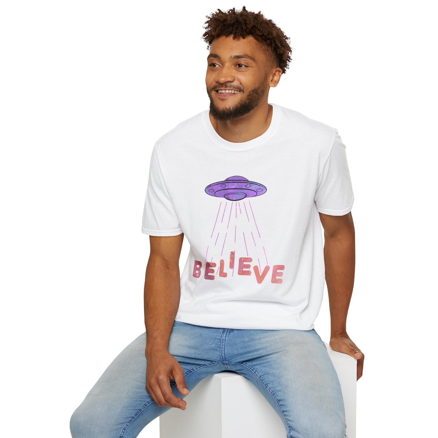 UFO Shirt - Believe - White & Purple Pink Design - Cotton Unisex Jersey Short Sleeve Tee - Womens & Mens T-Shirt